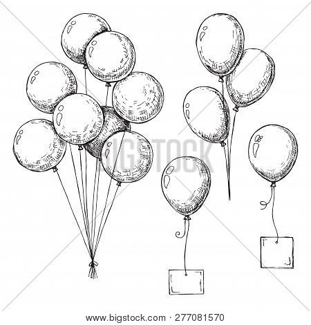 Set Of Different Balloons. Inflatable Balls On A String. Inflatable Balloons With A Card For Text. S