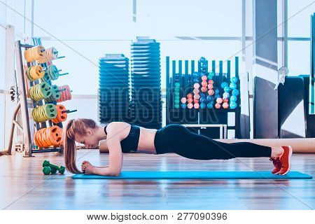 The Girl Is Engaged In Fitness And Does Exercise Plank During Training. Toned Image. Concept Of A He