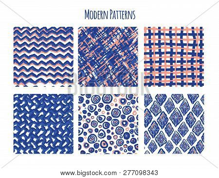 Boho Seamless Patterns Set With Ikat Style For Print Design. Abstract Repeat Background. Blue Tribal
