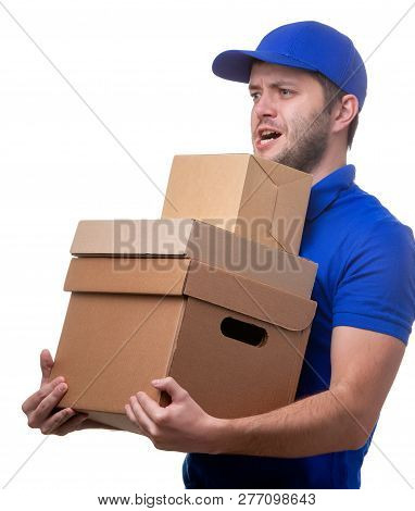Photo Of Male Courier With Cardboard Boxes On White Empty Background