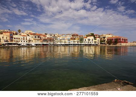 Chania, The Crete Island, Greece - May, 19, 2018: The Seafront Of Old Town Of Chania. The City Is Fa