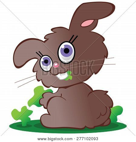 A Cute Little Brown Bunny Rabbit With Lavendar Eyes Eating Greens.