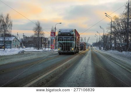 Moscow Region, Serpuchov, Russia - December, 24, 2018: image of a truck on a winter road