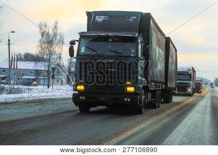 Moscow Region, Serpuchov, Russia - December, 24, 2018: image of a truck on a winter road