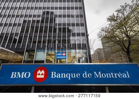 Montreal, Canada - November 3, 2018: Bank Of Montreal Logo, Known As Bmo, In Front Of Their Main Off