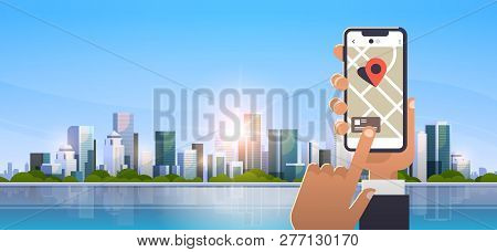 Hand Holding Cell Phone Using Online Mobile Map Application Gps Navigation Concept Over Modern City 