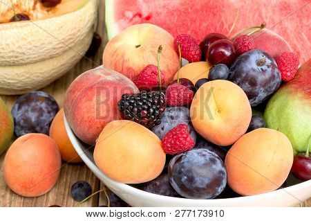Healthy Food, Vegetarian Diet - Fres Organic Fruit In Bowl On Table