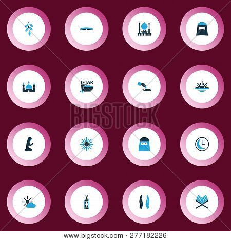 Ramadan Icons Colored Set With Asr, Koran, Dua And Other Gods House Elements. Isolated  Illustration