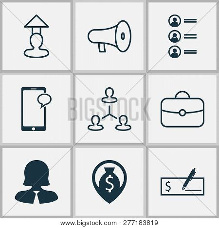 Management Icons Set With Handbag, Career Prospects, Dollar Bank Check Messaging Elements. Isolated 