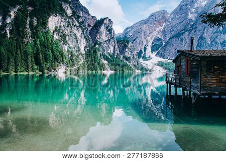 Beautiful View Of Lago Di Braies Or Pragser Wildsee, Trentino Alto Adidge, Dolomites Mountains, Ital