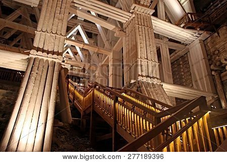 Wooden Upstairs At Chamber With In Wieliczka Salt Mine, Wieliczka, Near Krakow, Poland