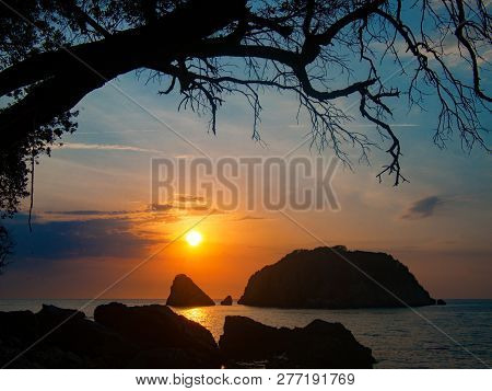 Panoramic Landscape Of The Rocky Coastline Sea And Jaz Beach At Sunshine. Budva, Montenegro. Adriati