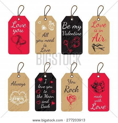 Stickers For A Gift For Valentines Day. V Day Gift Tags With Hand Drawing Elements. Vector Illustrat