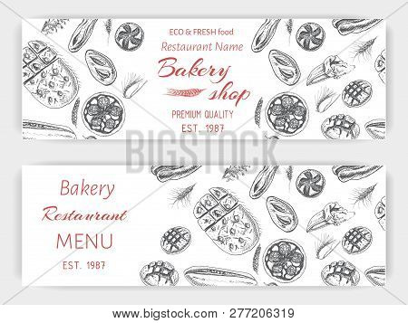 Vector Illustration Sketch. Bread, Loaf, Baguette, Focaccia, Pizza. Italian Bakery House.