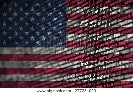 United States Of America Flag  Is Depicted On The Screen With The Program Code. The Concept Of Moder