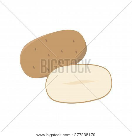 Potato Vector Flat Illustration. Whole And Halved Potato Isolated On White Background. Packaging Des