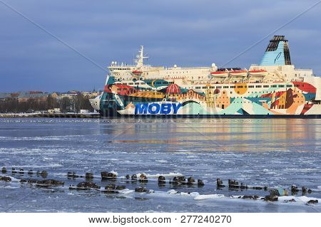 Riga, Latvia -january-06-2019: Ferry Ship Princess Anastasia (moby Lines) In Port On The River Dauga