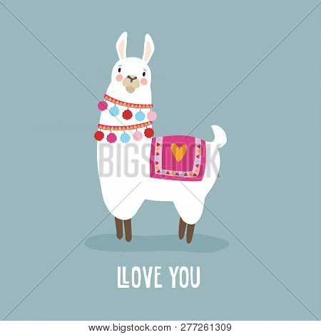 Cute Birthday Or Valentines Day Greeting Card, Invitation. Hand Drawn White Llama Animal With Llove 
