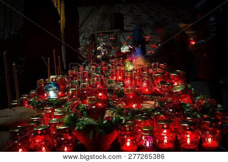 Red Candles At Night Near The Holodomor Memorial. Honoring The Memory Of Victims Of Famines In Ukrai