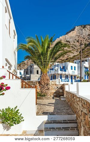 Sifnos, Greece - September 10, 2018: Palm Tree Growing Near Summer Villas In Kamares Village On Sifn