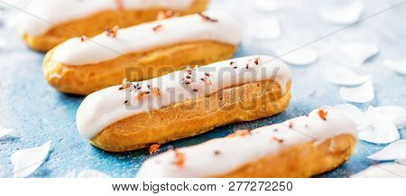 Home Made Cake Eclairs. Traditional Eclairs, Profitroles Classic, Eclairs French