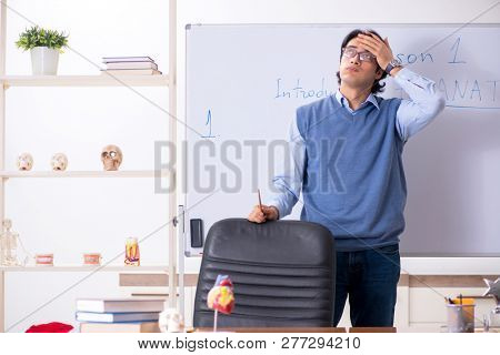 Young lecturer teacher teaching anatomy