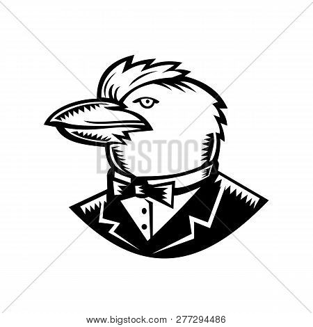 Retro Woodcut Style Illustration Of Head Of Kookaburra, A Terrestrial Tree Kingfisher Of Genus Dacel