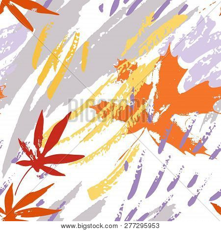 Abstract Fall Seamless Pattern In Tender Colors. Grunge Silhouette Of Falling Leaves, Rough Brush St