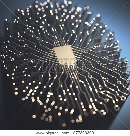 Artificial Intelligence. Microchip And Brain Shaped Connections. Electric Pulses, Binary Codes, Brai