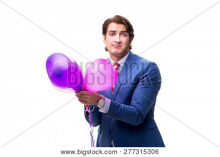 Elegant businessman with balloons isolated on white