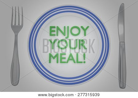 3d Illustration Of Enjoy Your Meal! Title On A White Plate, Along With Silver Knif And Fork, On A Ye