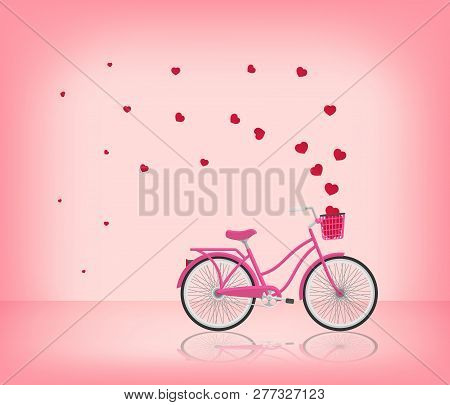 Illustration Of Love And Valentine Day. Heart And Pink Bicycle Vector