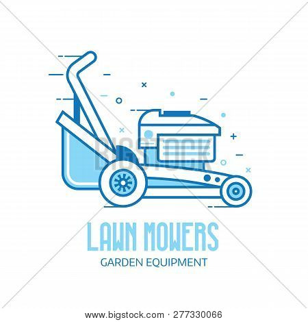 Rotary Lawn Mower Engine Logo Or Emblem Template. Grass Cutter Outline Icon. Gardening Machine Logot