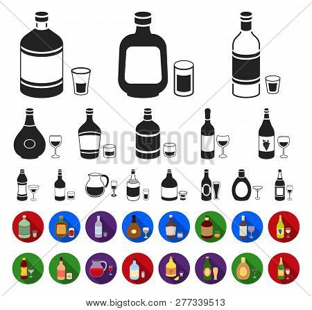 Types Of Alcohol Black, Flat Icons In Set Collection For Design. Alcohol In Bottles Vector Symbol St