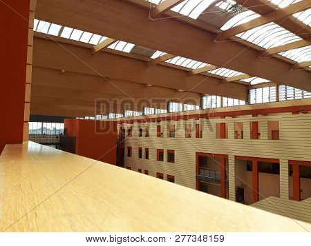 Asti, Italy - 07/11/2018: An Amazing Modern Constructions From The Hospital Of Asti, Using Woods And