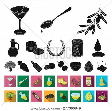 Olive, Food Black, Flat Icons In Set Collection For Design. Olive Oil, Seasoning Vector Symbol Stock