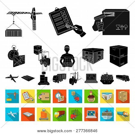 Logistics And Delivery Black, Flat Icons In Set Collection For Design. Transport And Equipment Isome