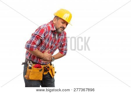 Sick Builder With Stomachache Feeling Nauseous Isolated On White Studio Background