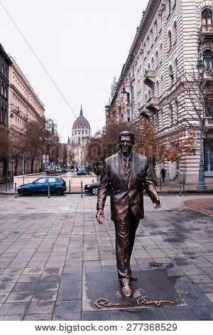 Hungary, Budapest - January 8: A Monument To The President Of The Usa Ronald Reagan Against Hungaria