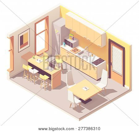Vector Isometric Corporate Office Break Room Or Kitchen. Kitchen Furniture, Fridge, Microwave Oven, 