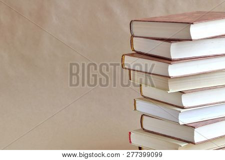 Stack Of Different Old Book. Education And Knowledge Background. Vintage Book. School And Informatio