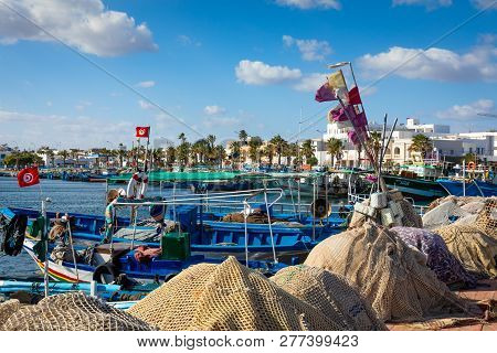 Mahdia, Tunisia - December 15, 2018: Boats In A Fishing Port In Mahdia, Tunisia.