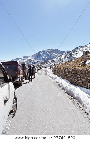 Tsomgo Lake, Sikkim, India, 1st Jan 2019: Traffic Jam And Highway Blockage Due To Snowfall At Tsomgo