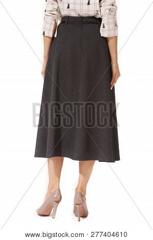 Woolwn Long Skirt Cut Close Up Photo On Model In Hith Heels Isolated On White Back View
