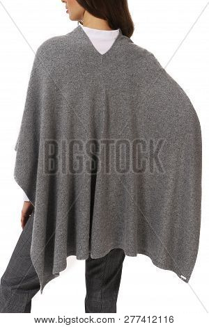 Fashion Model In Woolen Poncho Shawl Mantel Close Up Photo Isolated On White