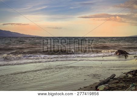 Beautiful Sunset At Kampong Nelayan Beach After The Tsunami That Hit Part Of The Coastal Bay Of Palu