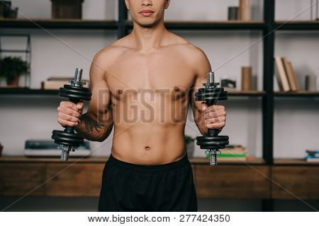 Cropped View Of Bi-racial Man Holding Dumbbells In Home Gym