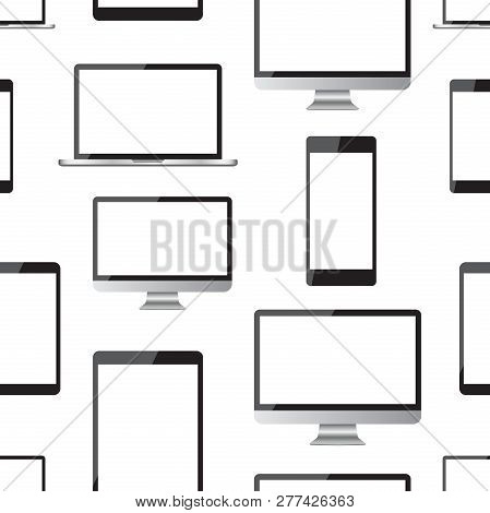 Realistic Smartphone, Tablet, Laptop And Desktop Computer Monito