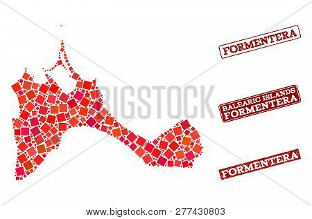 Geographic Combination Of Dot Mosaic Map Of Formentera Island And Red Rectangle Grunge Seal Imprints