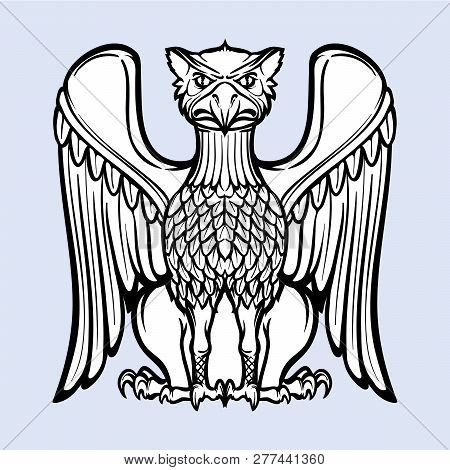 Decorative Griffin. Medieval Gothic Style Concept Art. Design Element. Black A Nd White Drawing Isol